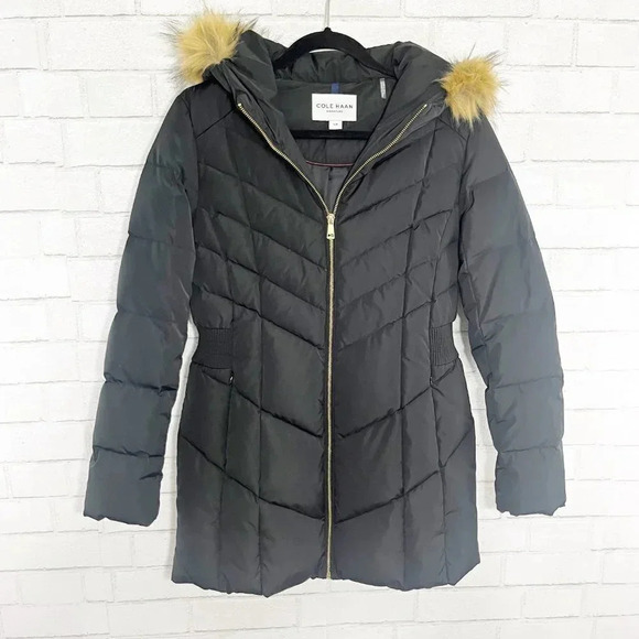 Cole Haan Signature Down & Feather Filled Black Hooded Puffer Jacket Size Small - Picture 1 of 7